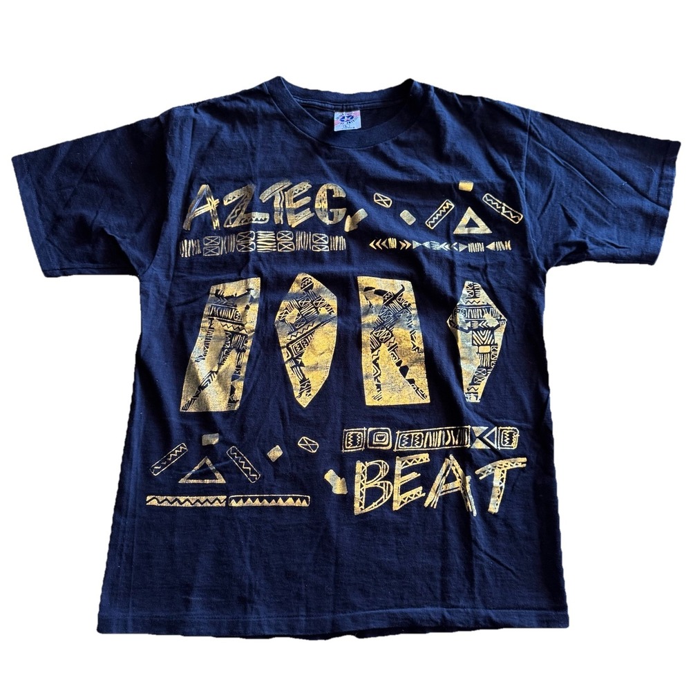 Vintage T-Shirt Gold Metallic Graphic Single Stitch Sz L United Stars Aztec Beat